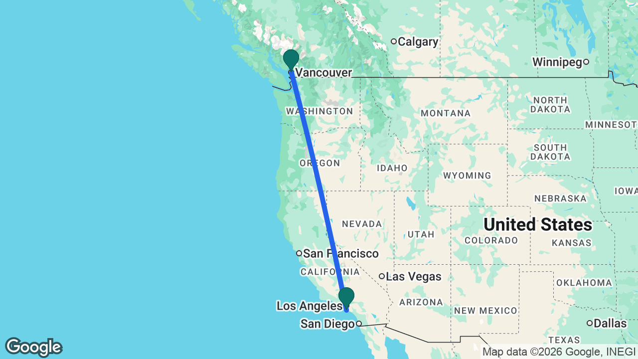 Route map: Vancouver -> Los Angeles