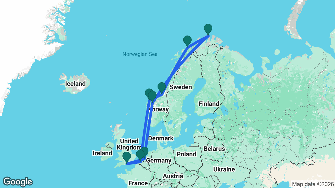 Route map: Southampton -> Bruges -> Ålesund -> Trondheim -> Tromsø -> North Cape -> Geiranger -> Rotterdam -> Southampton