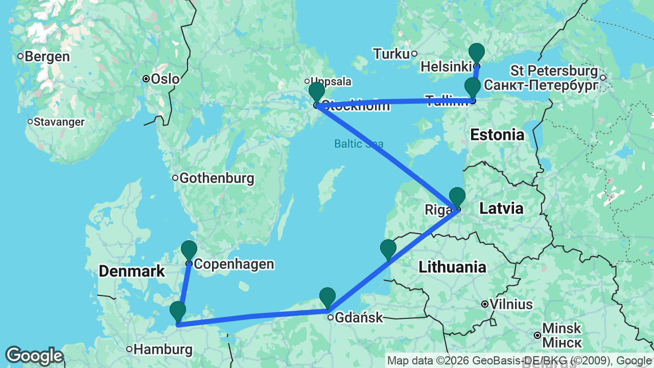 Route map: Copenhagen -> Berlin -> Gdansk -> Klaipeda -> Riga -> Stockholm -> Tallinn -> Helsinki
