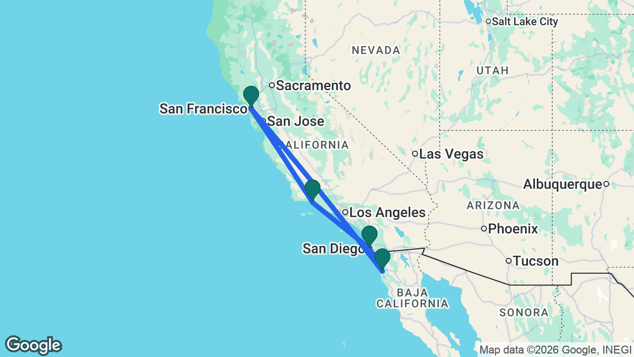 Route map: San Diego -> Ensenada -> San Francisco -> Santa Barbara -> San Diego