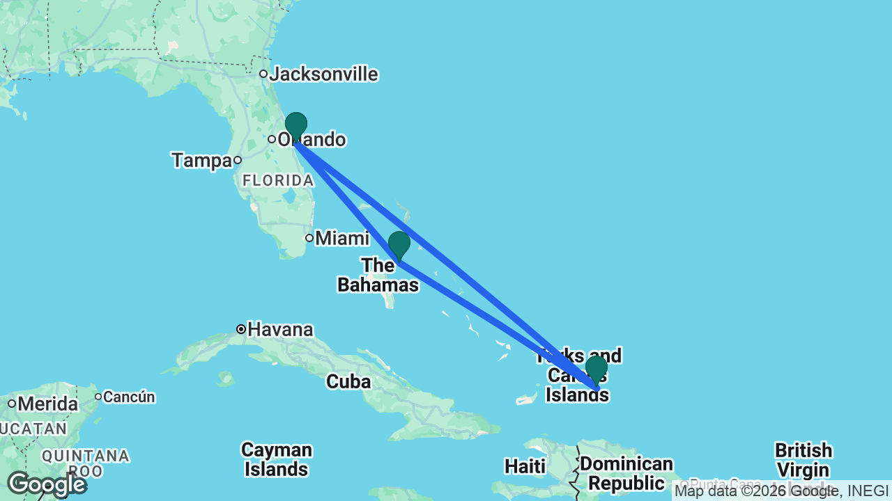 Route map: Port Canaveral -> Grand Turk -> Nassau -> Port Canaveral