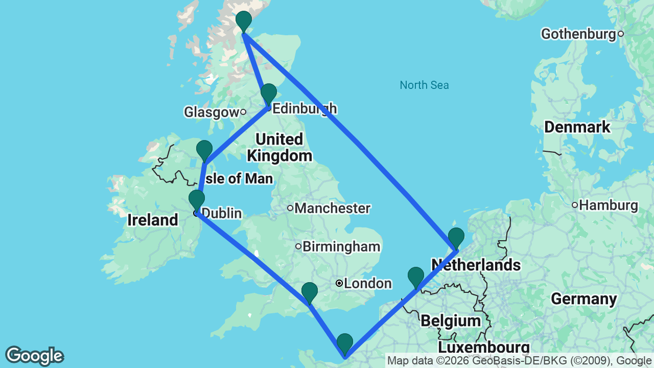 Route map: Southampton -> Dublin -> Belfast -> Edinburgh -> Invergordon -> Amsterdam -> Bruges -> Paris -> Southampton