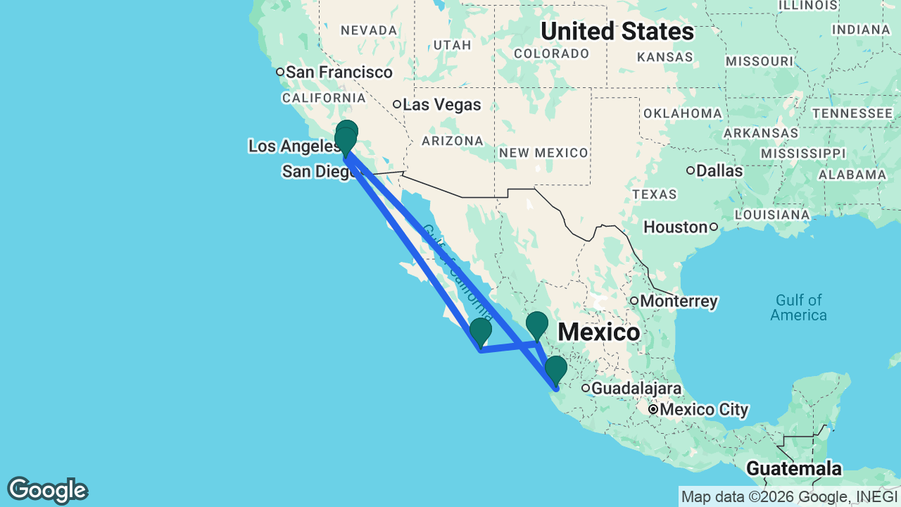 Route map: Los Angeles -> Catalina -> Cabo -> Mazatlán -> Puerto Vallarta -> Los Angeles