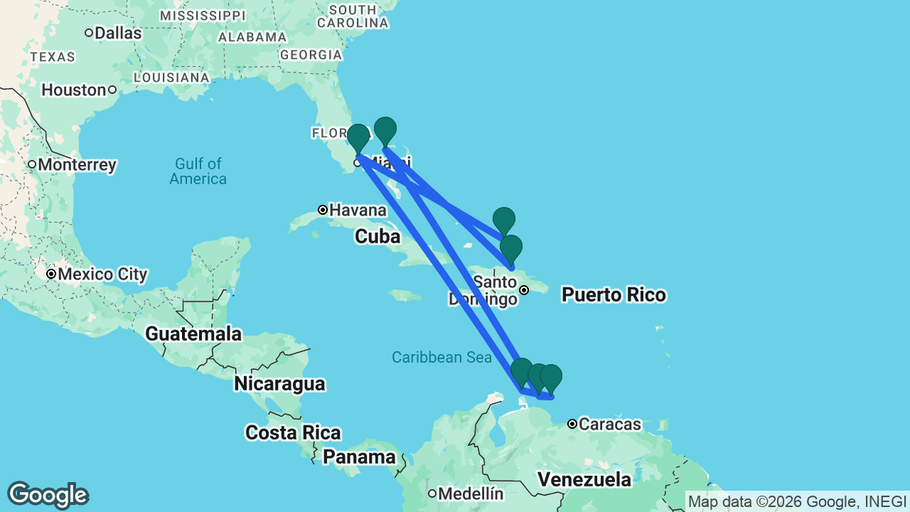 Route map: Fort Lauderdale -> Aruba -> Bonaire -> Curaçao -> Celebration Key -> Amber Cove -> Grand Turk -> Fort Lauderdale