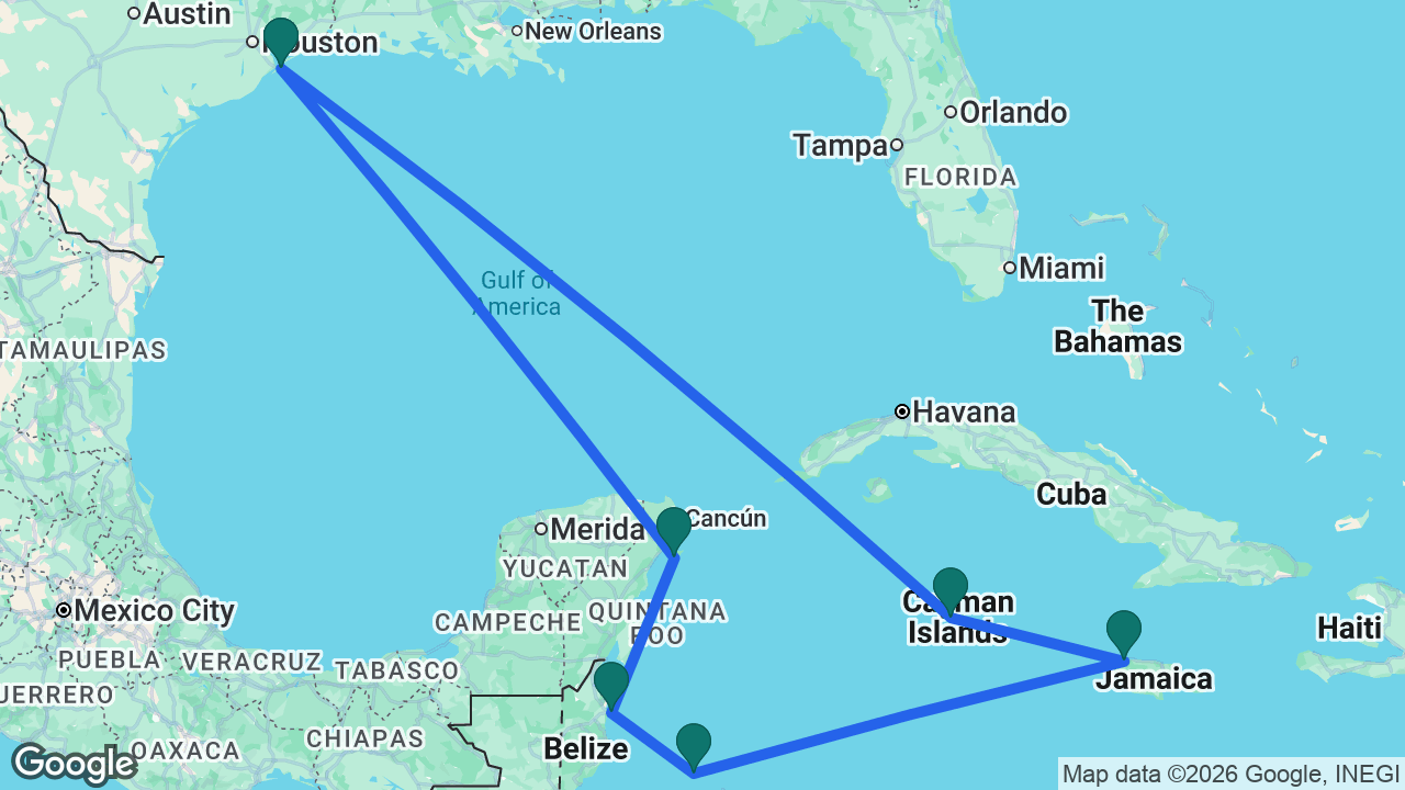 Route map: Galveston -> Grand Cayman -> Montego Bay -> Roatán -> Belize City -> Cozumel -> Galveston
