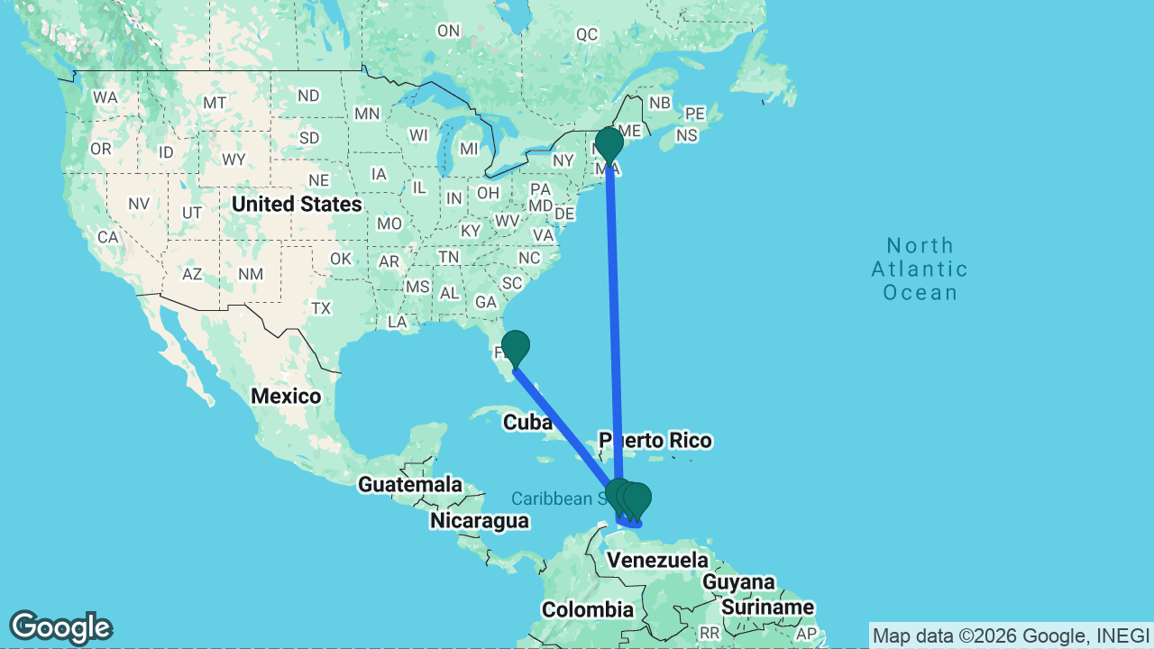 Route map: Boston -> Aruba -> Curaçao -> Bonaire -> Fort Lauderdale