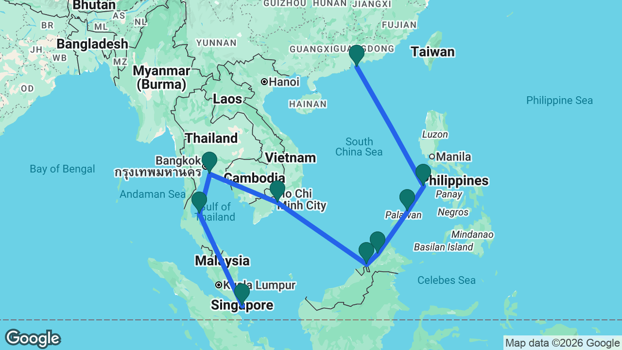 Route map: Singapore -> Koh Samui -> Bangkok -> Ho Chi Minh City -> Muara -> Kota Kinabalu -> Puerto Princesa -> Coron -> Hong Kong