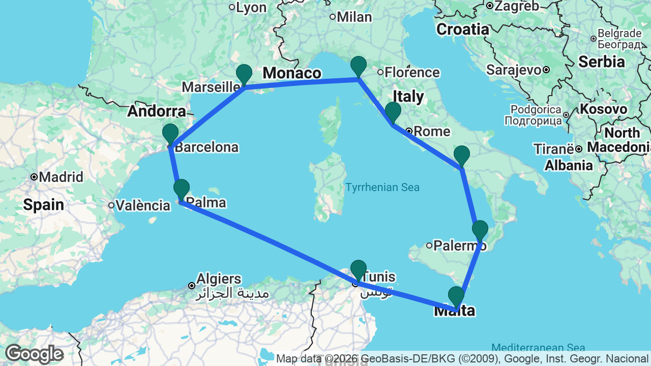 Route map: Barcelona -> Marseille -> Florence -> Rome -> Amalfi Coast -> Messina -> Valletta -> La Goulette -> Mallorca -> Barcelona