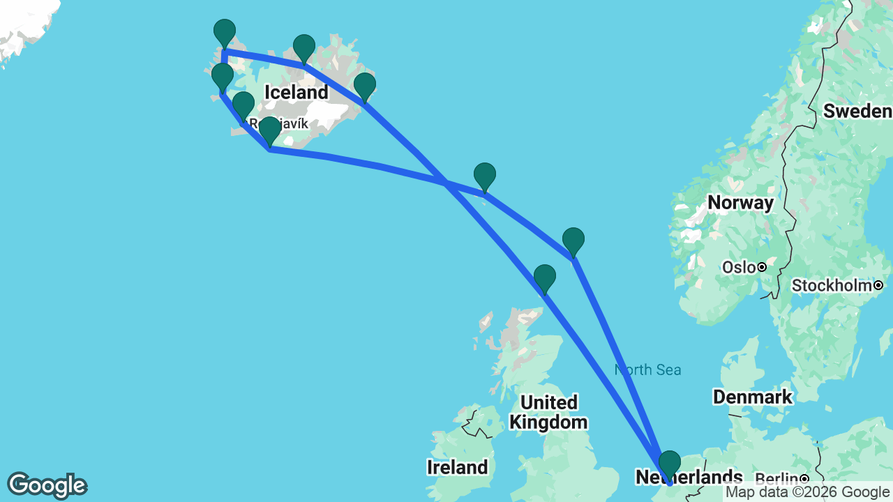 Route map: Amsterdam -> Kirkwall -> Djúpivogur -> Akureyri -> Isafjordur -> Grundarfjordur -> Reykjavik -> Heimaey -> Runavík -> Lerwick -> Amsterdam
