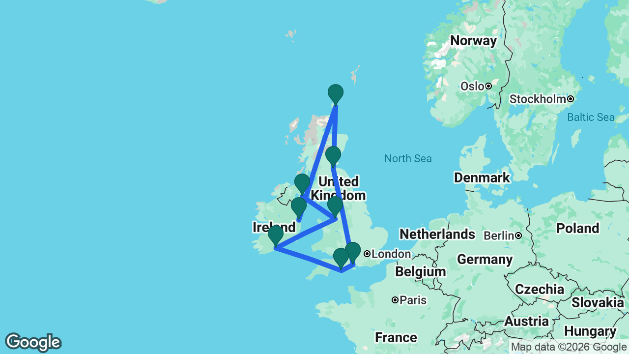 Route map: Southampton -> Edinburgh -> Kirkwall -> Dublin -> Belfast -> Liverpool -> Cork -> Portland -> Southampton