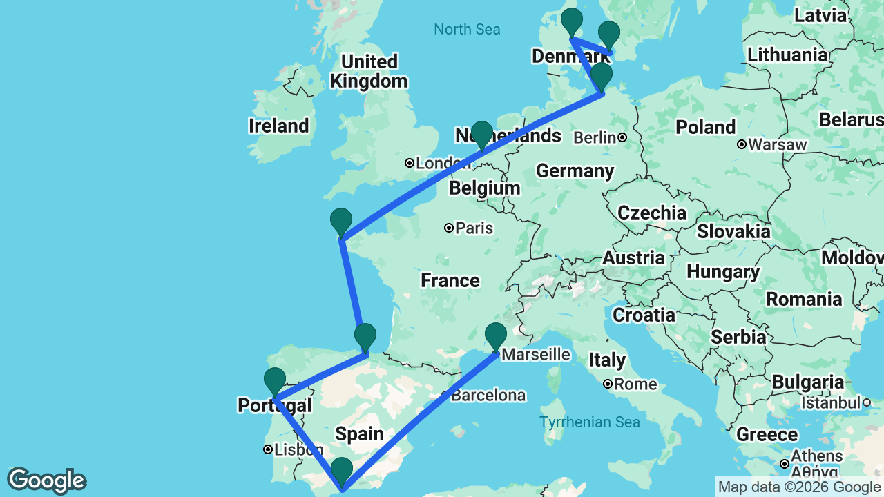 Route map: Copenhagen -> Aarhus -> Berlin -> Rotterdam -> Brest -> Bilbao -> Porto -> Málaga -> Marseille