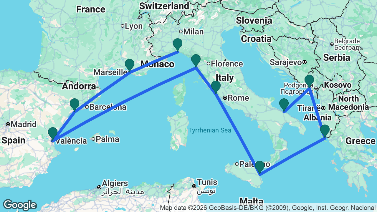 Route map: Genoa -> Marseille -> Tarragona -> Valencia -> Florence -> Rome -> Catania -> Corfu -> Kotor -> Bari