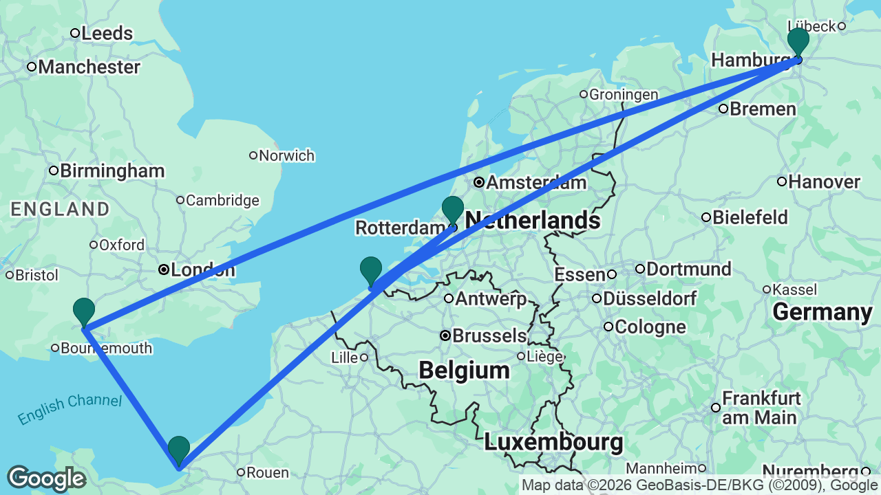 Route map: Hamburg -> Bruges -> Rotterdam -> Paris -> Southampton -> Hamburg