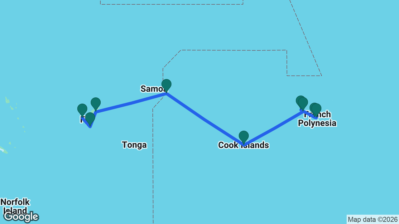 Route map: Tahiti -> Moorea -> Bora Bora -> Raiatea -> Cook Islands -> Pago Pago -> Savusavu -> Dravuni Island -> Lautoka