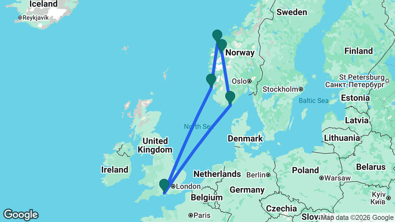 Route map: Southampton -> Kristiansand -> Olden -> Ålesund -> Haugesund -> Southampton