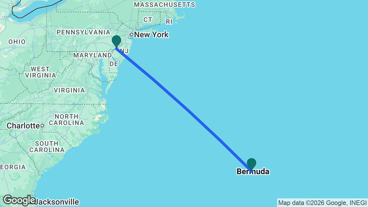 Route map: Philadelphia -> Bermuda -> Philadelphia