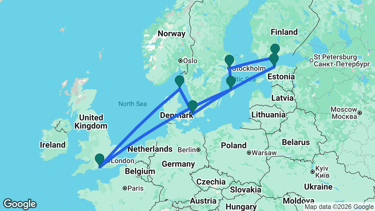 Route map: Southampton -> Skagen -> Copenhagen -> Tallinn -> Helsinki -> Stockholm -> Visby -> Southampton