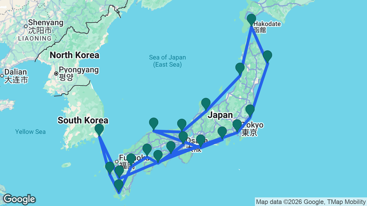 Route map: Tokyo -> Yatsushiro -> Busan -> Nagasaki -> Kagoshima -> Beppu -> Matsuyama -> Kochi -> Osaka -> Tokushima -> Mount Fuji -> Toba -> Sakaiminato -> Maizuru -> Toyama -> Sakata -> Hakodate -> Miyako -> Hitachinaka -> Tokyo