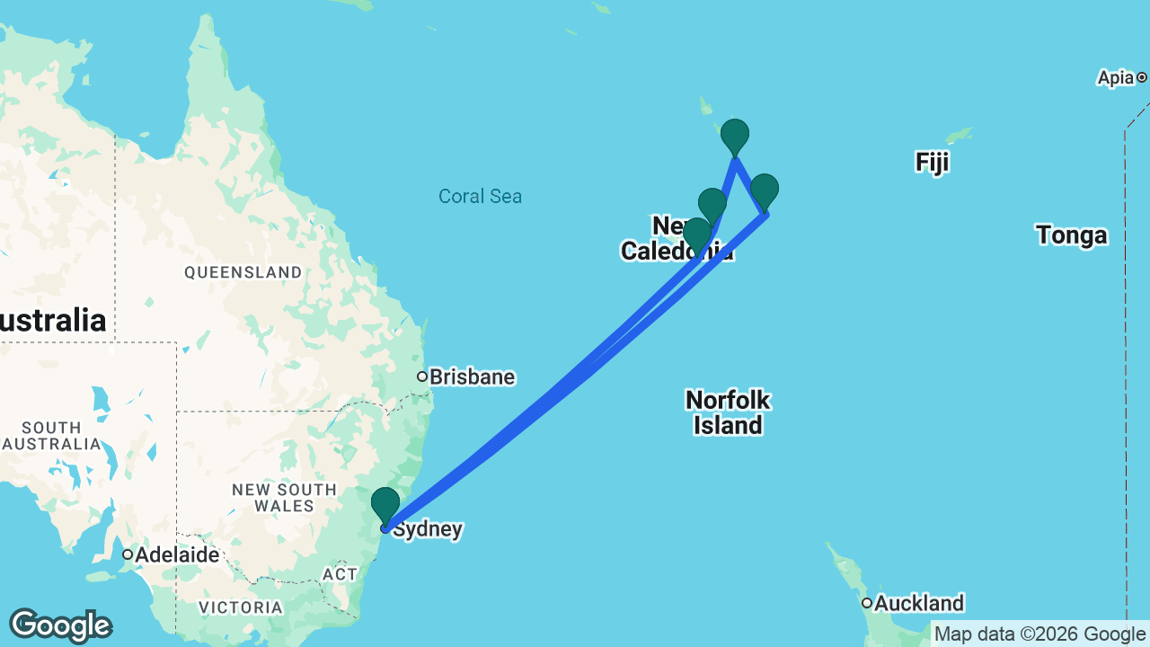 Route map: Sydney -> Nouméa -> Lifou -> Port Vila -> Mystery Island -> Sydney