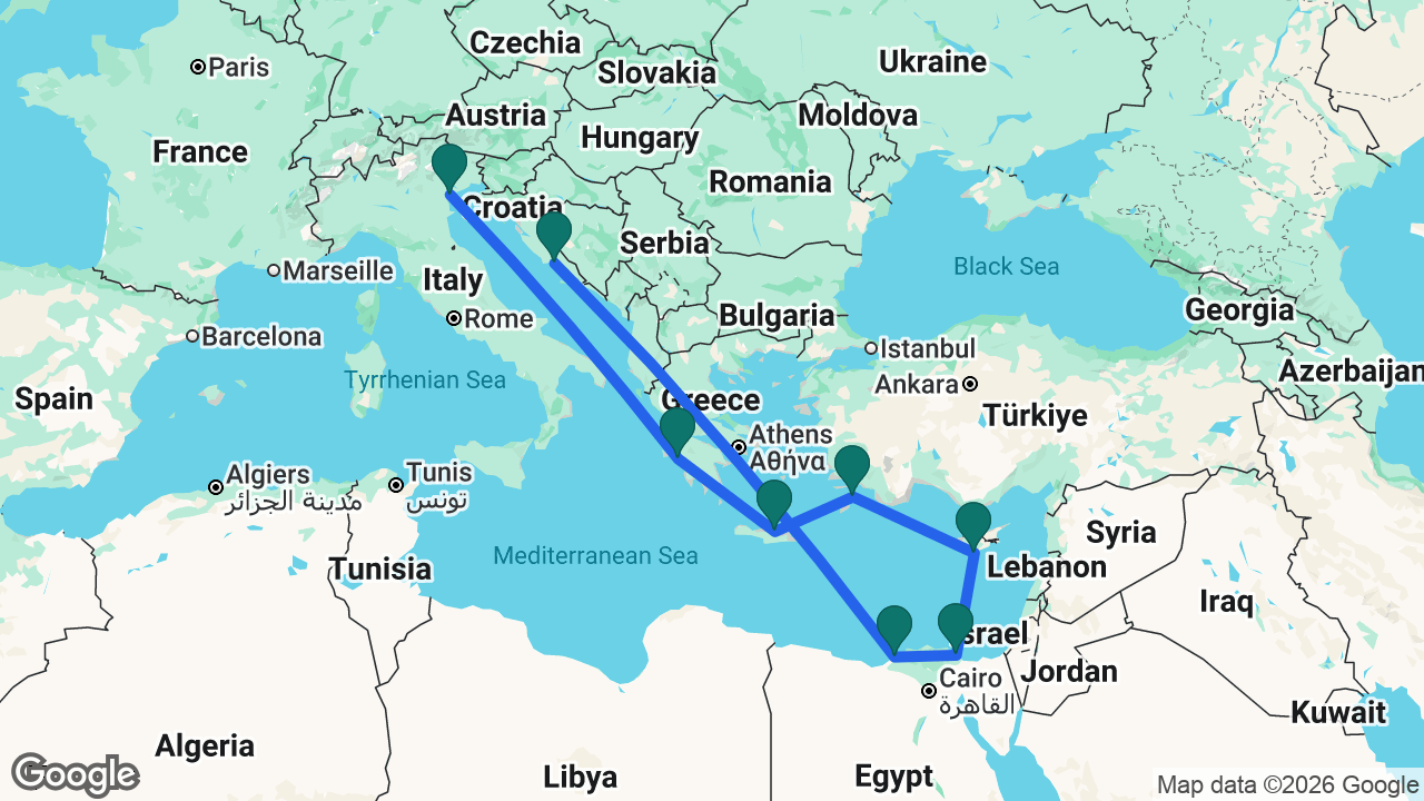 Route map: Venice -> Katakolon -> Heraklion -> Rhodes -> Limassol -> Port Said -> Alexandria -> Split