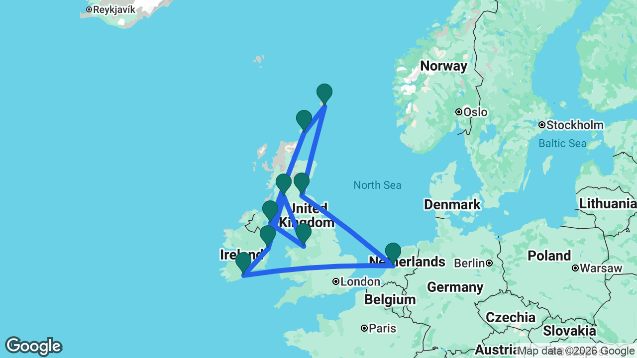 Route map: Amsterdam -> Cobh -> Dún Laoghaire -> Glasgow -> Liverpool -> Belfast -> Kirkwall -> Lerwick -> Edinburgh -> Amsterdam