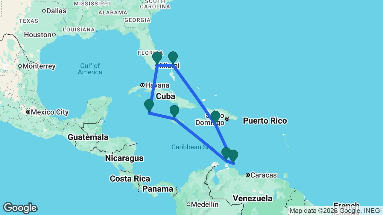 Route map: Miami -> Great Stirrup Cay -> Cabo Rojo -> Curaçao -> Aruba -> Falmouth -> Grand Cayman -> Miami