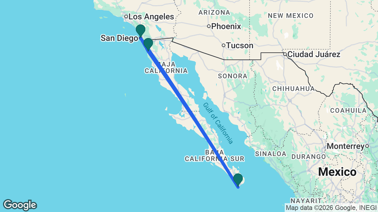 Route map: San Diego -> Cabo -> Ensenada -> San Diego