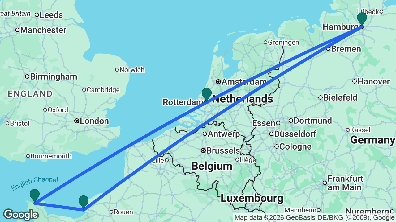 Route map: Paris -> Hamburg -> Rotterdam -> Cherbourg -> Paris