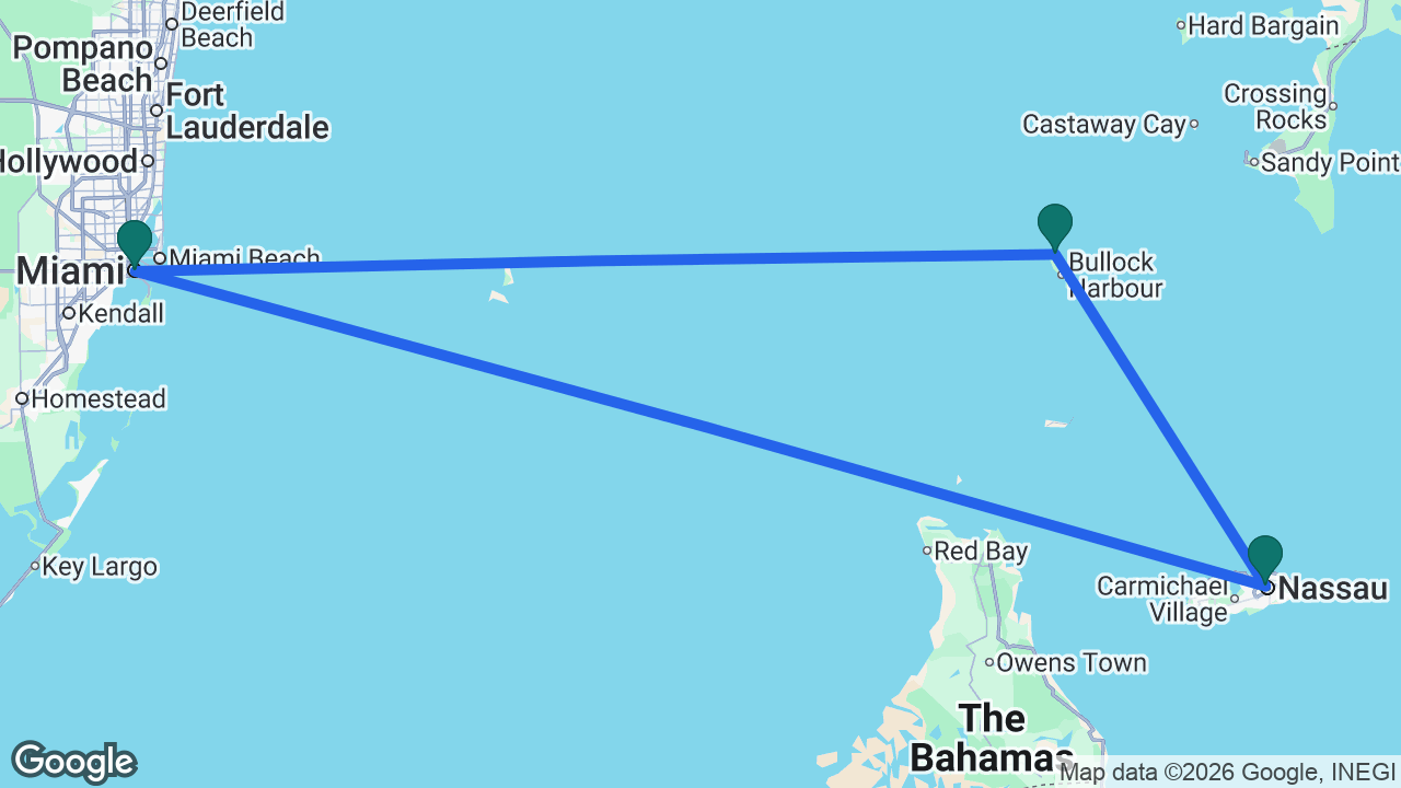 Route map: Miami -> Great Stirrup Cay -> Nassau -> Miami