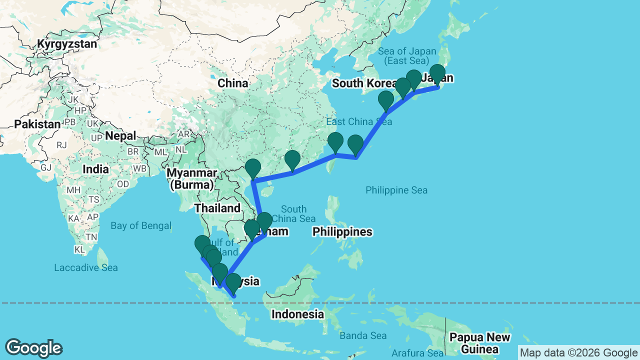 Route map: Singapore -> Phuket -> Langkawi -> Penang -> Kuala Lumpur -> Ho Chi Minh City -> Cam Ranh -> Ha Long Bay -> Hong Kong -> Keelung -> Miyakojima -> Kagoshima -> Kochi -> Osaka -> Tokyo