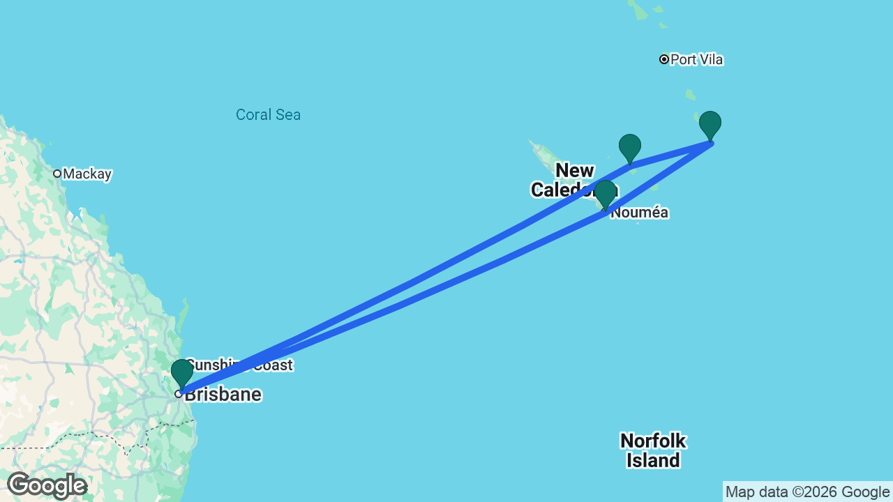 Route map: Brisbane -> Lifou -> Mystery Island -> Nouméa -> Brisbane