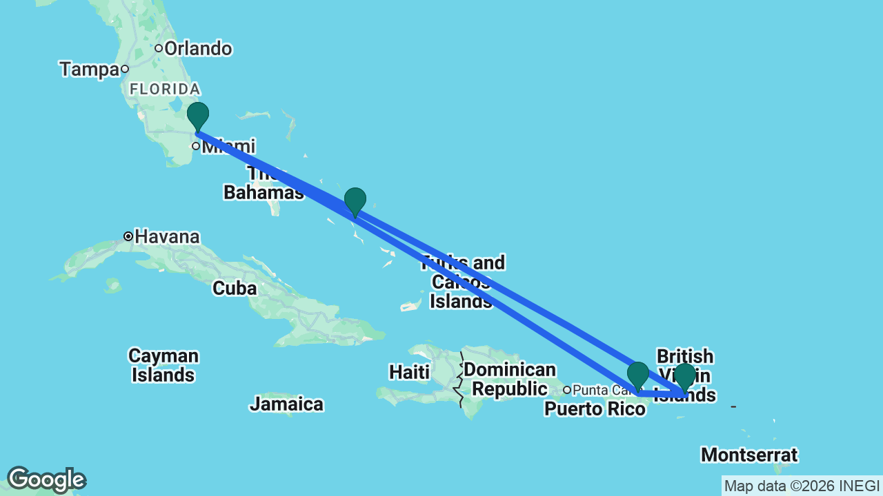 Route map: Fort Lauderdale -> Lookout Cay -> San Juan -> Tortola -> Fort Lauderdale