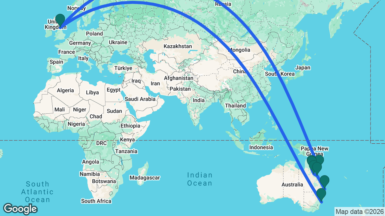 Route map: Brisbane -> Airlie Beach -> Townsville -> Port Douglas -> Cairns -> Willis Island -> Newcastle -> Sydney