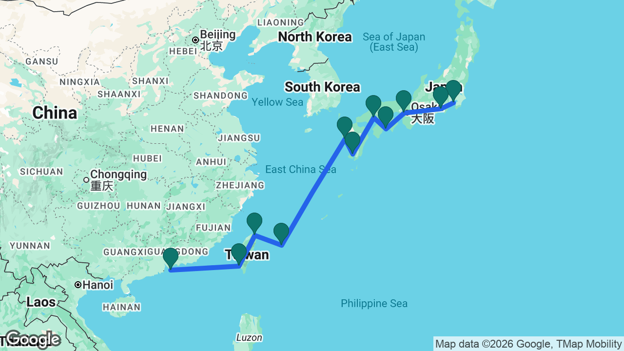Route map: Hong Kong -> Kaohsiung -> Keelung -> Ishigaki -> Nagasaki -> Kagoshima -> Hiroshima -> Kochi -> Kobe -> Mount Fuji -> Tokyo