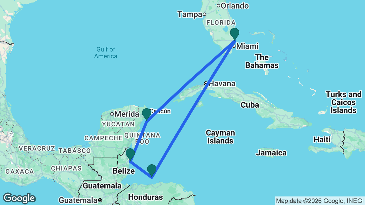 Route map: Fort Lauderdale -> Cozumel -> Belize City -> Roatán -> Fort Lauderdale