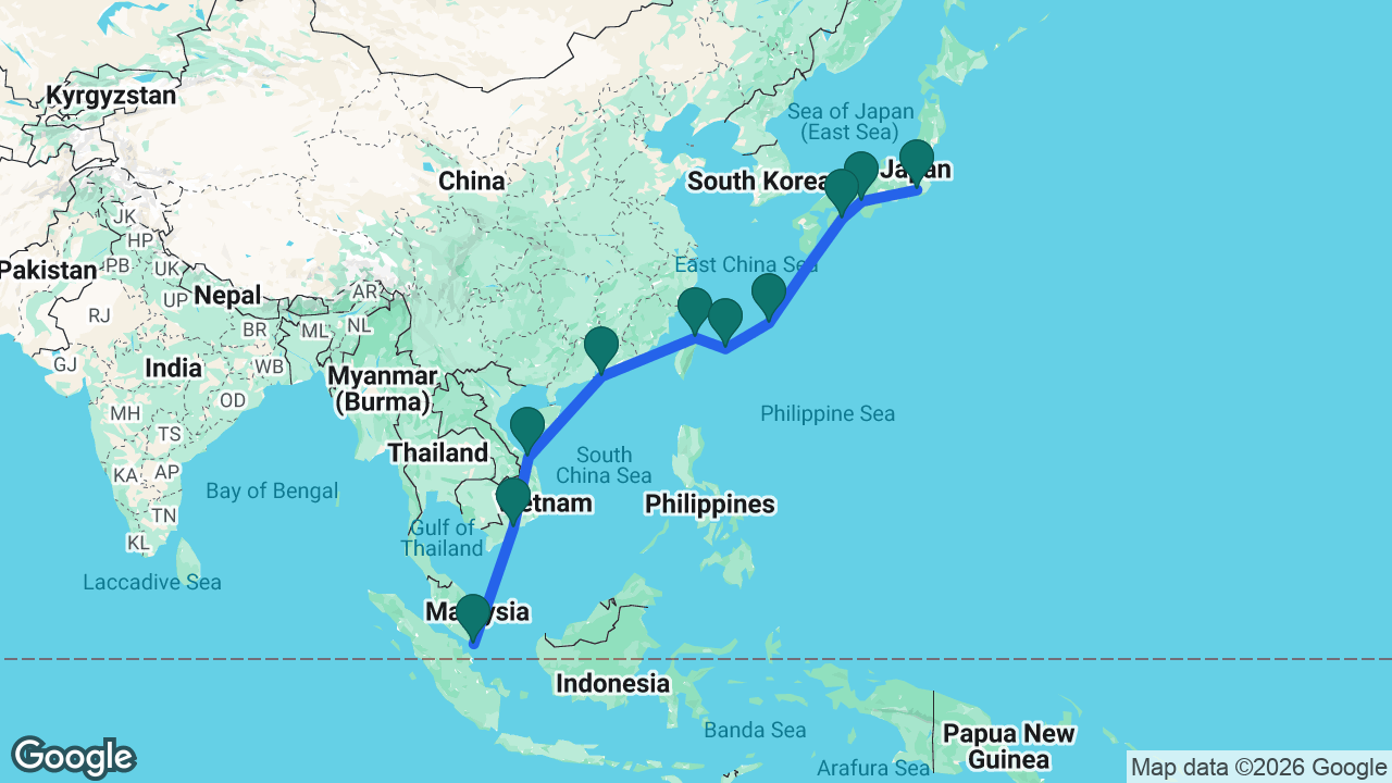 Route map: Singapore -> Ho Chi Minh City -> Da Nang -> Hong Kong -> Keelung -> Ishigaki -> Naha -> Kochi -> Kobe -> Tokyo