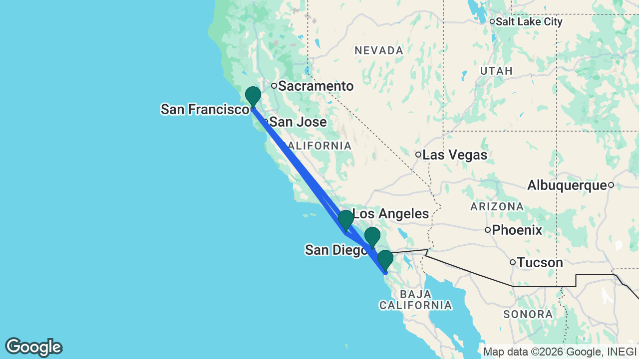 Route map: San Diego -> Catalina -> San Francisco -> Ensenada -> San Diego