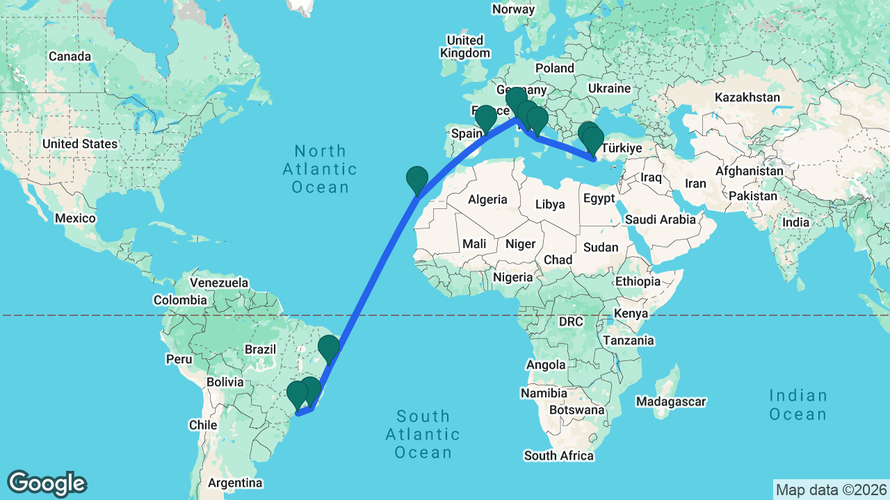 Route map: Ephesus -> Marmaris -> Naples -> Rome -> Genoa -> Tarragona -> Tenerife -> Salvador -> Rio -> Santos