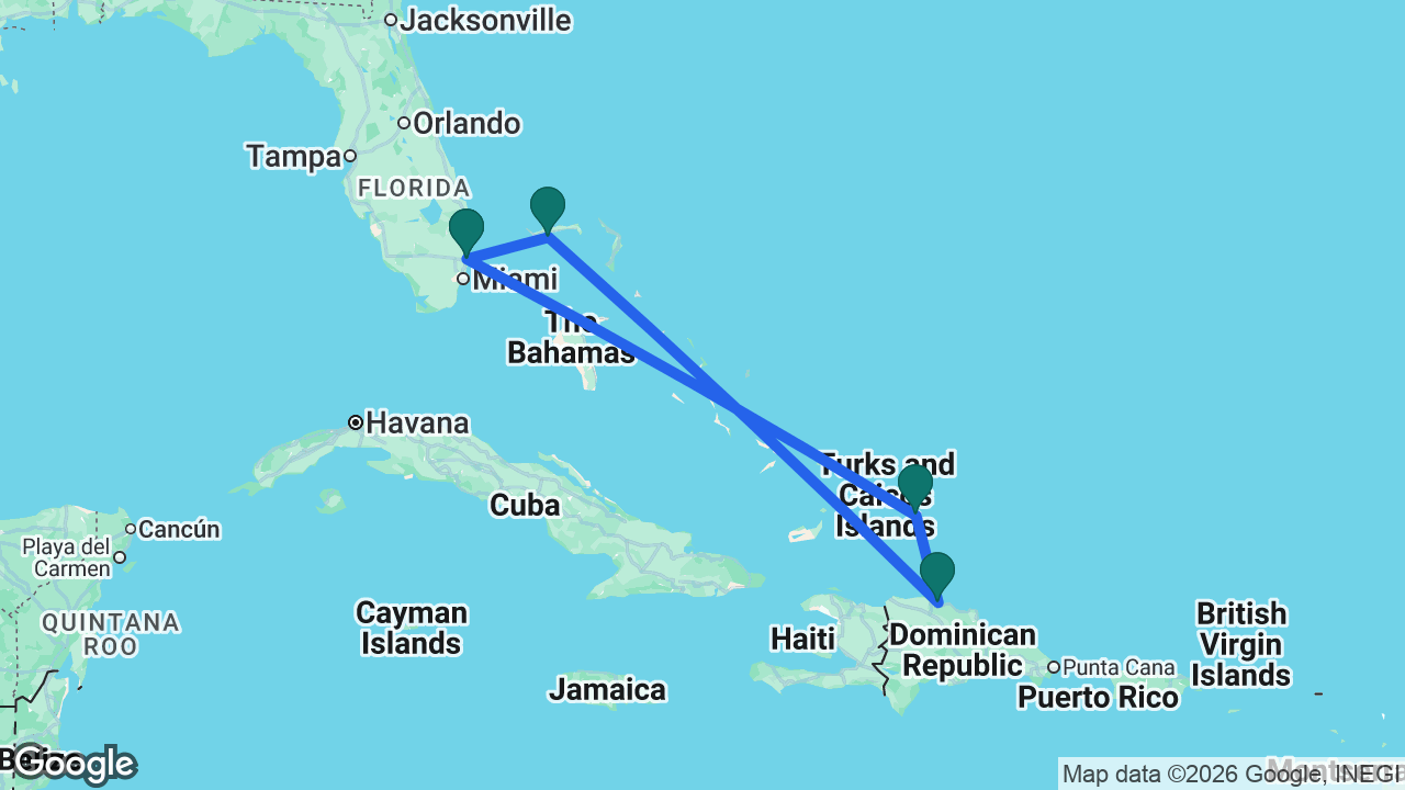 Route map: Fort Lauderdale -> Grand Turk -> Amber Cove -> Celebration Key -> Fort Lauderdale