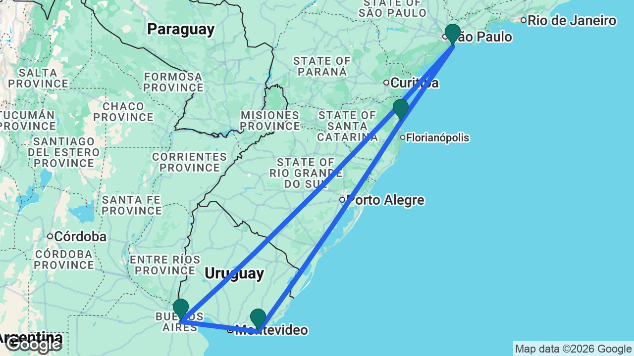 Route map: Santos -> Balneário Camboriú -> Punta del Este -> Buenos Aires -> Santos