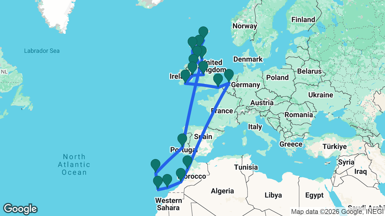 Route map: Dover -> Rotterdam -> Casablanca -> Agadir -> Lanzarote -> Tenerife -> Madeira -> Lisbon -> South Queensferry -> Invergordon -> Kirkwall -> Isle of Skye -> Belfast -> Glasgow -> Liverpool -> Dún Laoghaire -> Cobh -> Dover