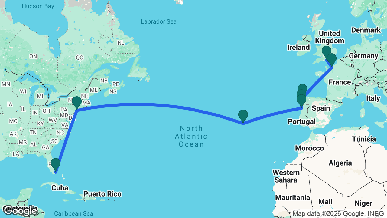 Route map: Southampton -> Paris -> La Coruña -> Vigo -> Porto -> Azores -> New York -> Miami