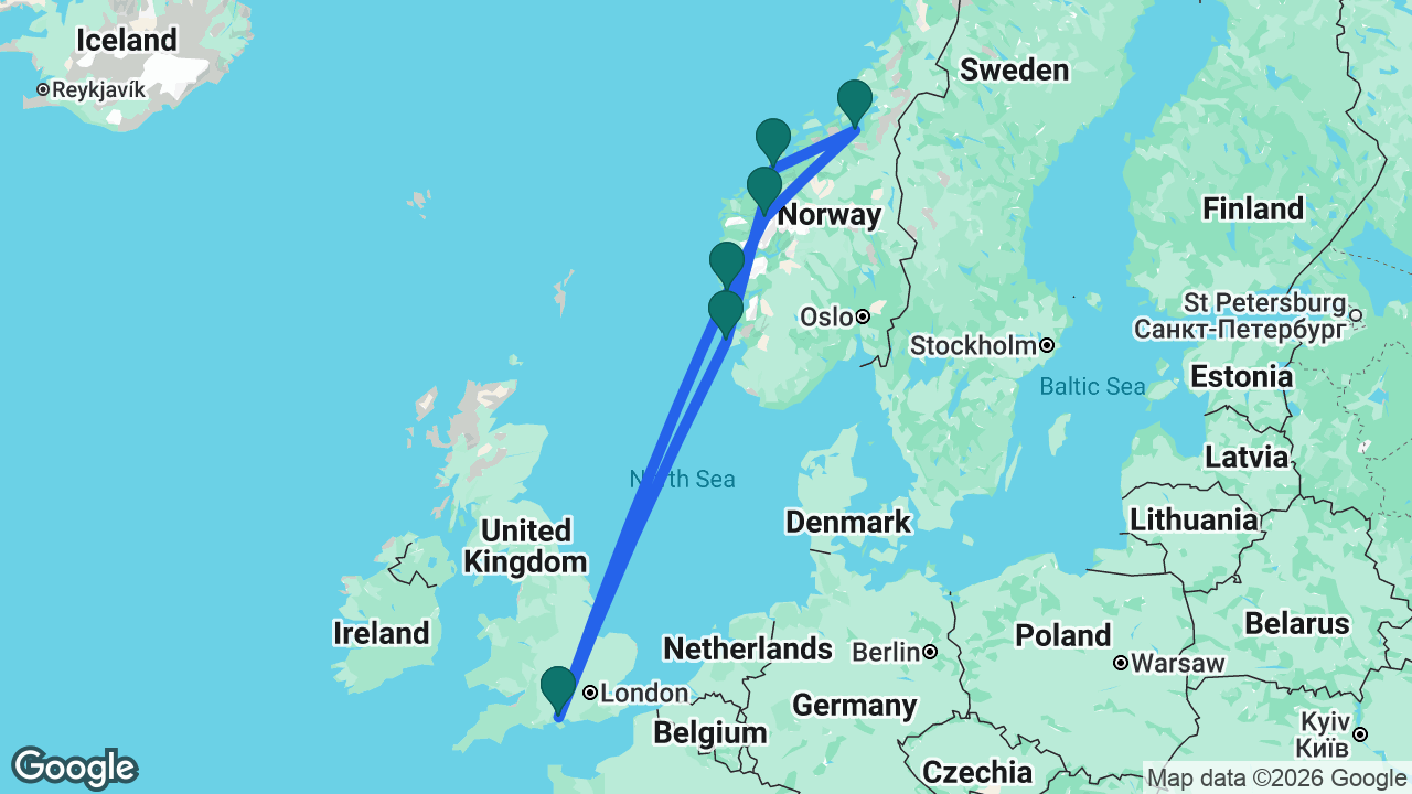 Route map: Southampton -> Haugesund -> Molde -> Trondheim -> Olden -> Bergen -> Southampton