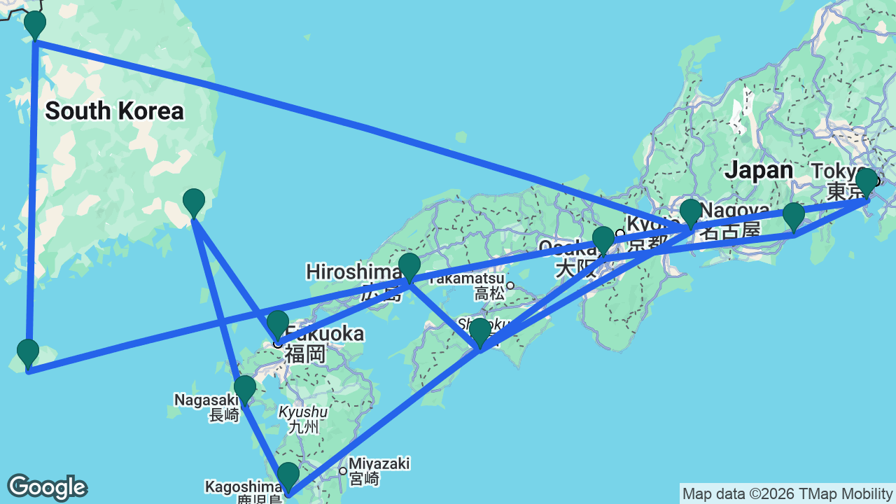 Route map: Tokyo -> Mount Fuji -> Osaka -> Kagoshima -> Nagasaki -> Busan -> Fukuoka -> Hiroshima -> Kochi -> Nagoya -> Seoul -> Jeju -> Tokyo