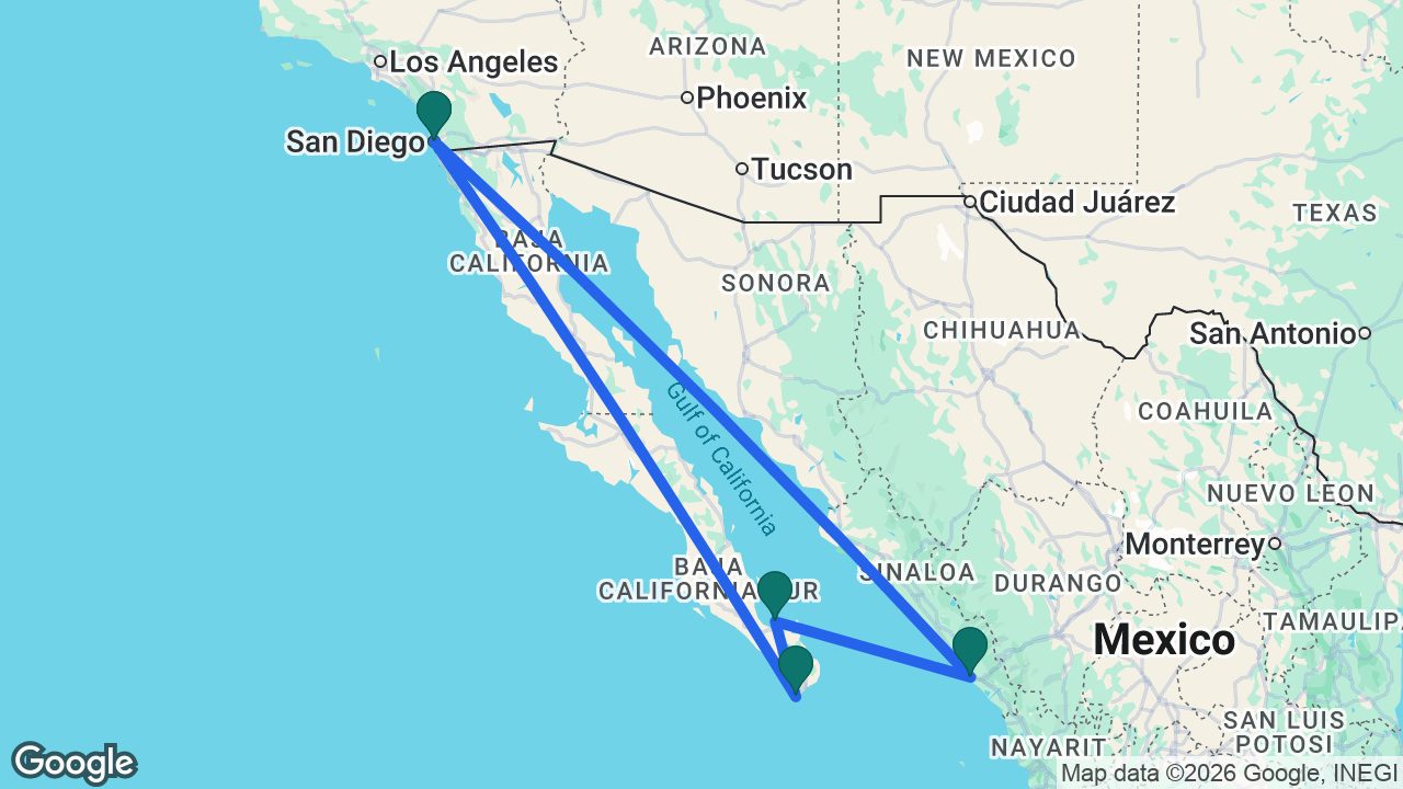 Route map: San Diego -> Cabo -> La Paz -> Mazatlán -> San Diego