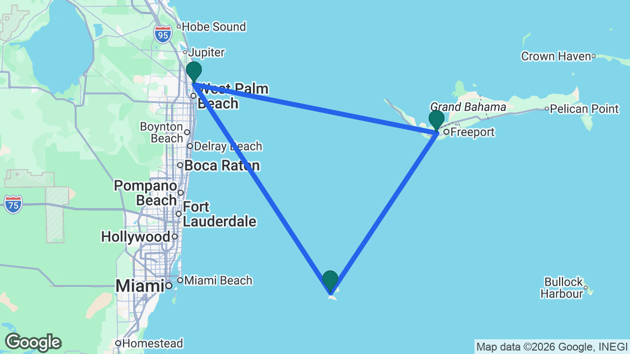 Route map: Palm Beach -> Freeport -> Bimini -> Palm Beach