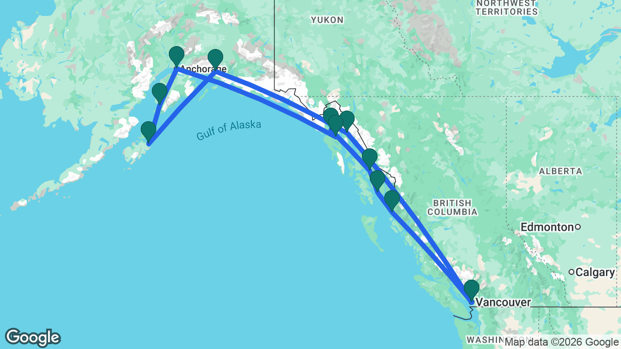 Route map: Vancouver -> Juneau -> Valdez -> Kodiak -> Homer -> Anchorage -> Icy Strait Point -> Glacier Bay -> Wrangell -> Ketchikan -> Prince Rupert -> Vancouver
