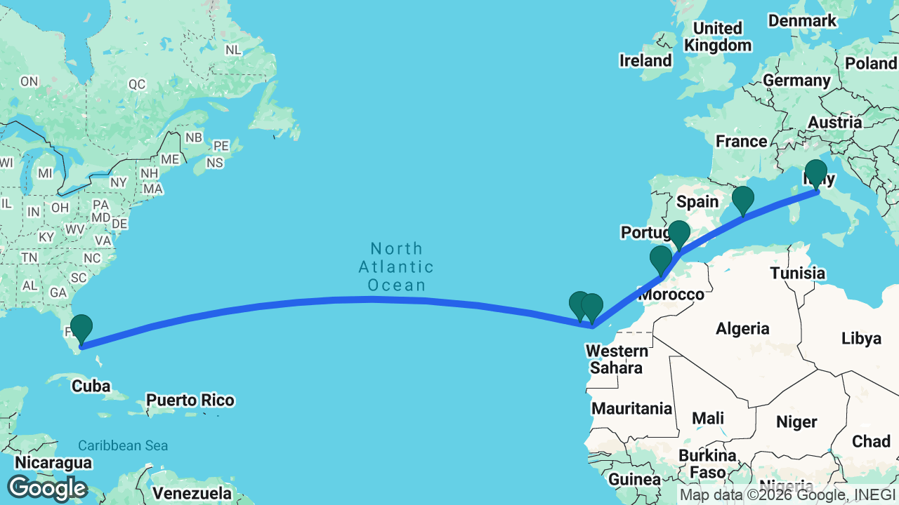 Route map: Rome -> Mallorca -> Gibraltar -> Casablanca -> Tenerife -> La Palma -> Fort Lauderdale