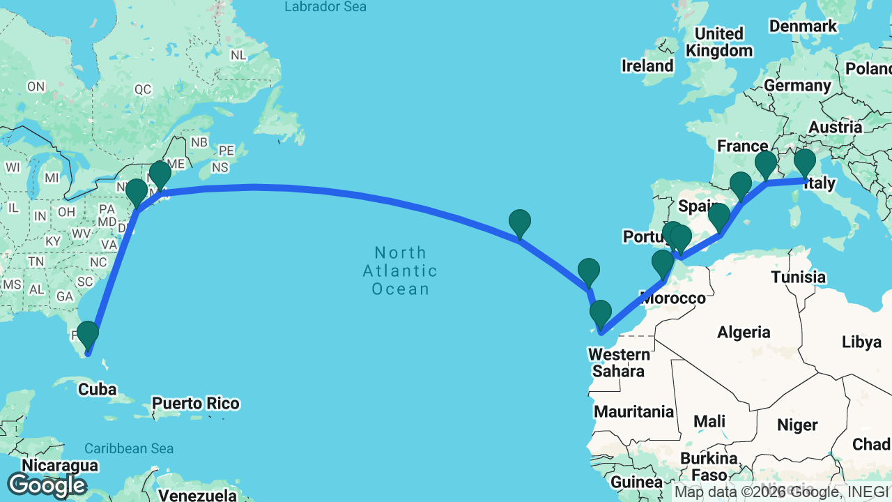 Route map: Florence -> Marseille -> Barcelona -> Alicante -> Gibraltar -> Cádiz -> Casablanca -> Gran Canaria -> Madeira -> Azores -> Boston -> New York -> Miami