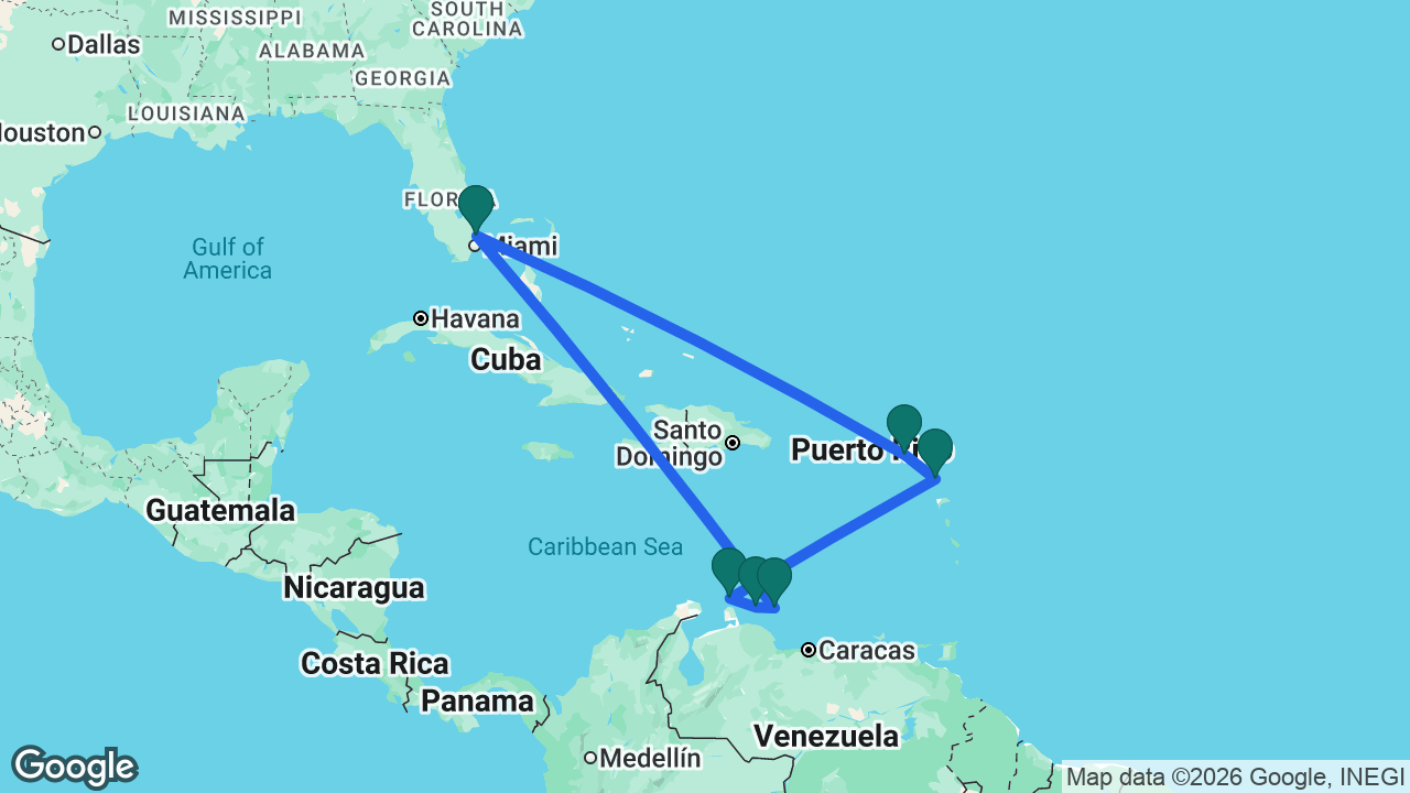 Route map: Fort Lauderdale -> Bonaire -> Curaçao -> Aruba -> Antigua -> St. Maarten -> Fort Lauderdale